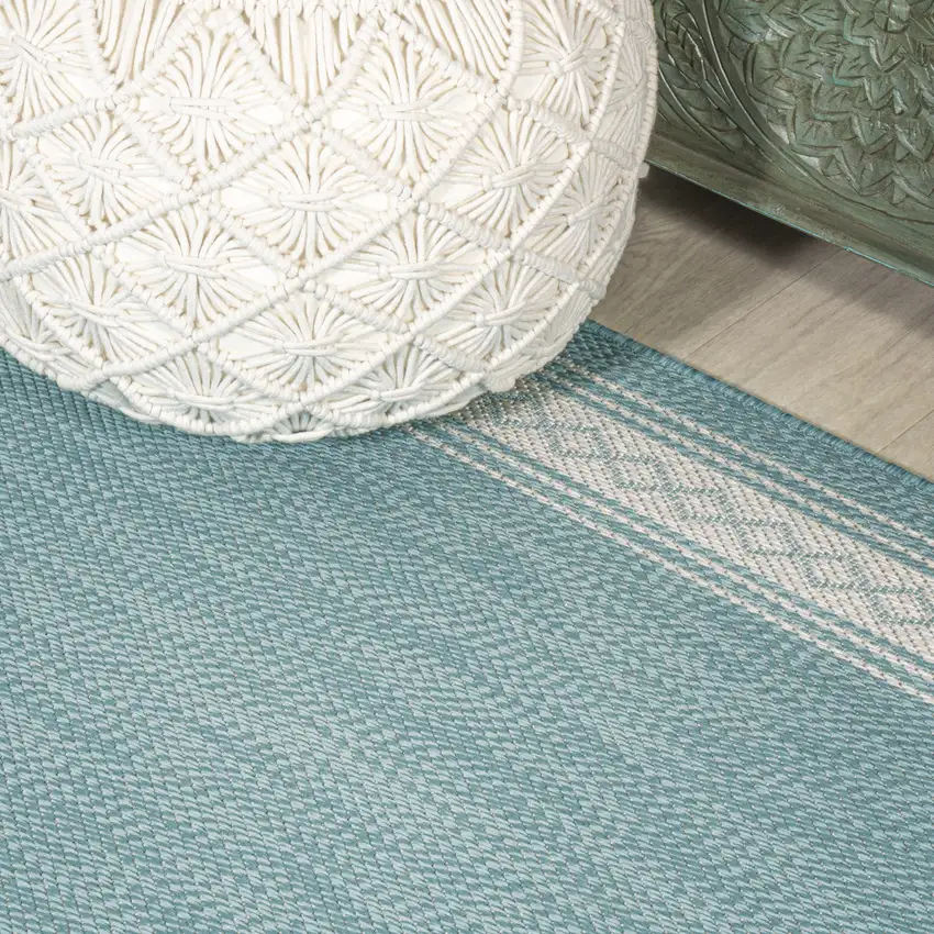 8' Aqua And Light Gray Indoor Outdoor Runner Rug Photo 8