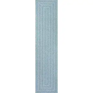 Photo of 8' Aqua And Light Gray Striped Indoor Outdoor Runner Rug