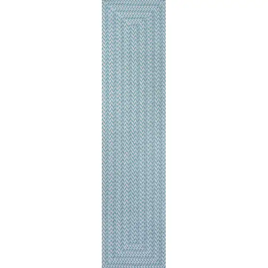 8' Aqua And Light Gray Striped Indoor Outdoor Runner Rug Photo 1