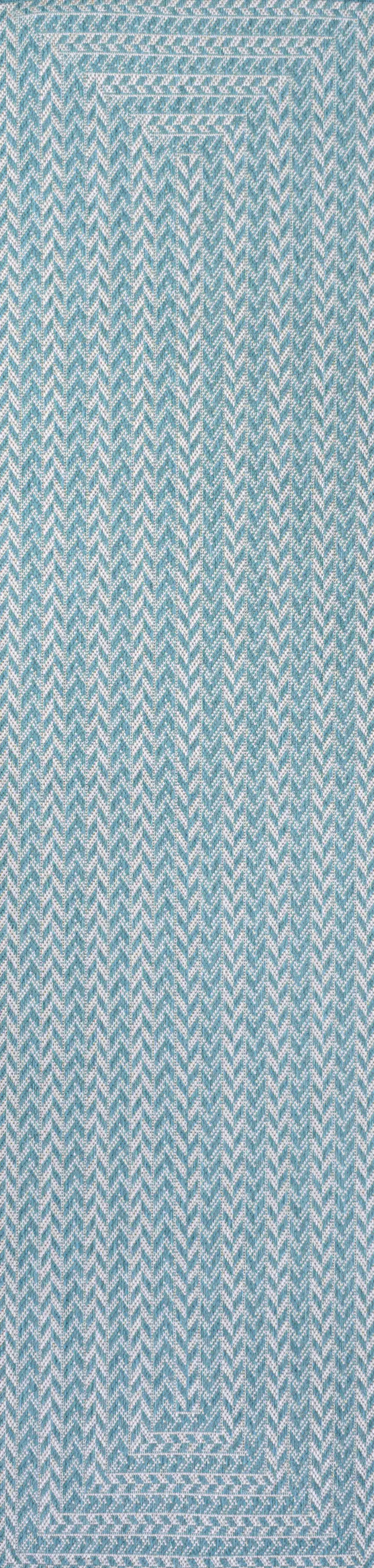 8' Aqua And Light Gray Striped Indoor Outdoor Runner Rug Photo 1