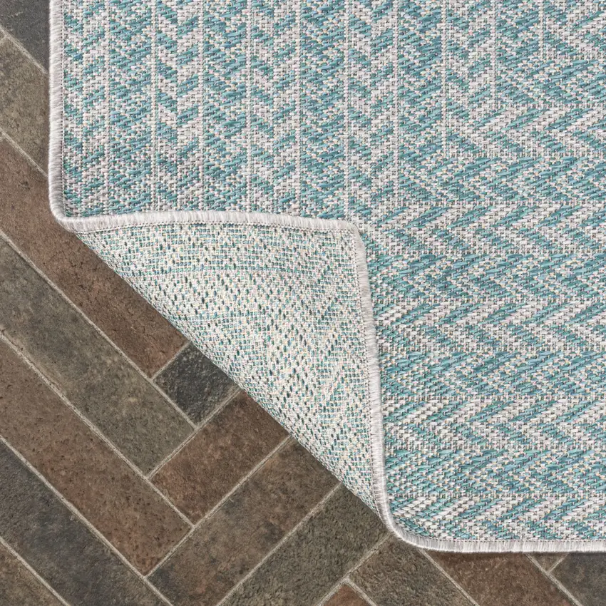 8' Aqua And Light Gray Striped Indoor Outdoor Runner Rug Photo 9