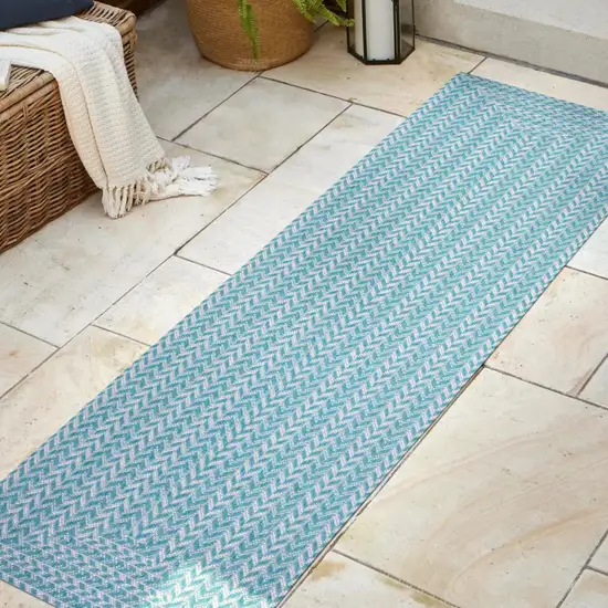 8' Aqua And Light Gray Striped Indoor Outdoor Runner Rug Photo 5