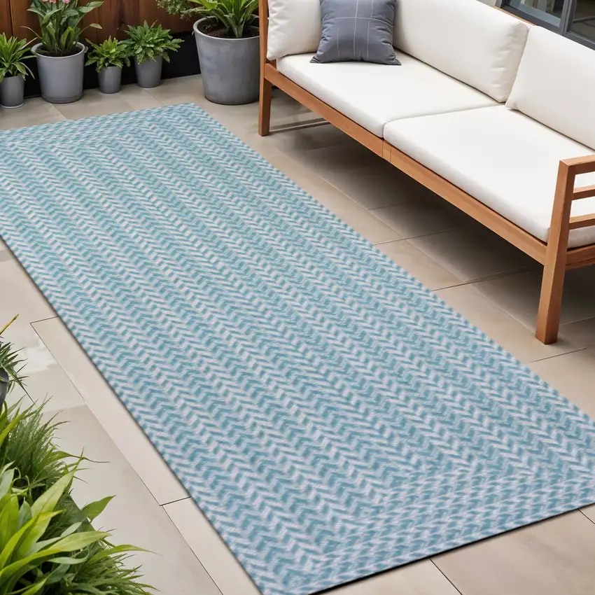 8' Aqua And Light Gray Striped Indoor Outdoor Runner Rug Photo 1
