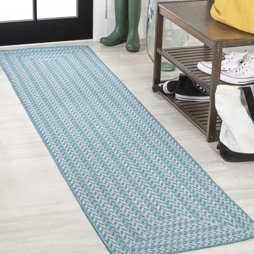 8' Aqua And Light Gray Striped Indoor Outdoor Runner Rug Photo 4