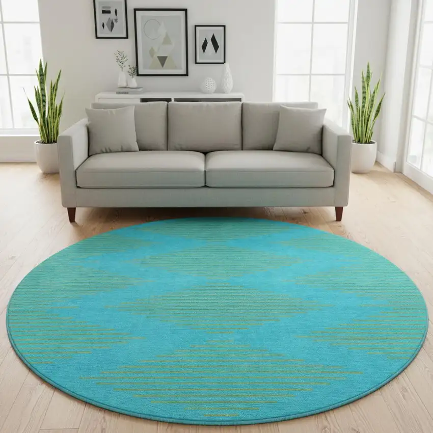 8' Aqua And Lime Green Geometric Washable Round Rug With UV Protection Photo 2