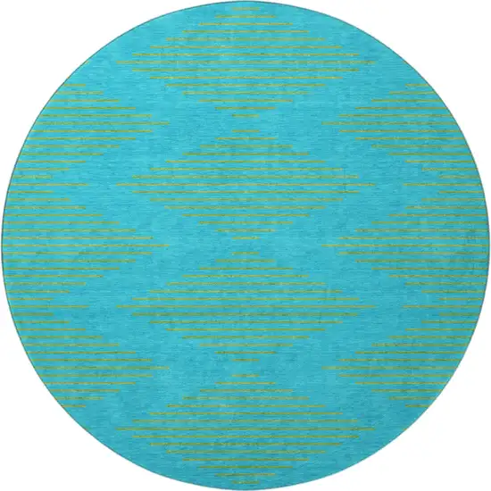 8' Aqua And Lime Green Geometric Washable Round Rug With UV Protection Photo 2