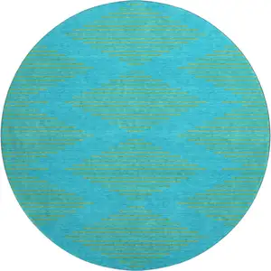 Photo of 8' Aqua And Lime Green Geometric Washable Round Rug With UV Protection