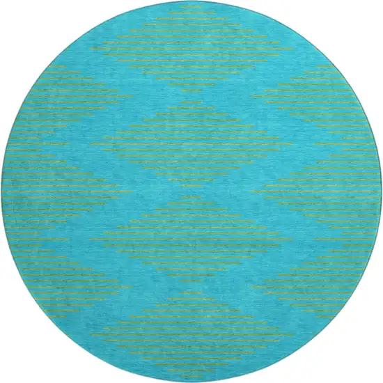 8' Aqua And Lime Green Geometric Washable Round Rug With UV Protection Photo 1