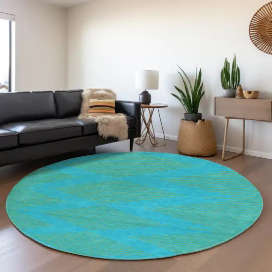 8' Aqua And Lime Green Geometric Washable Round Rug With UV Protection Photo 3