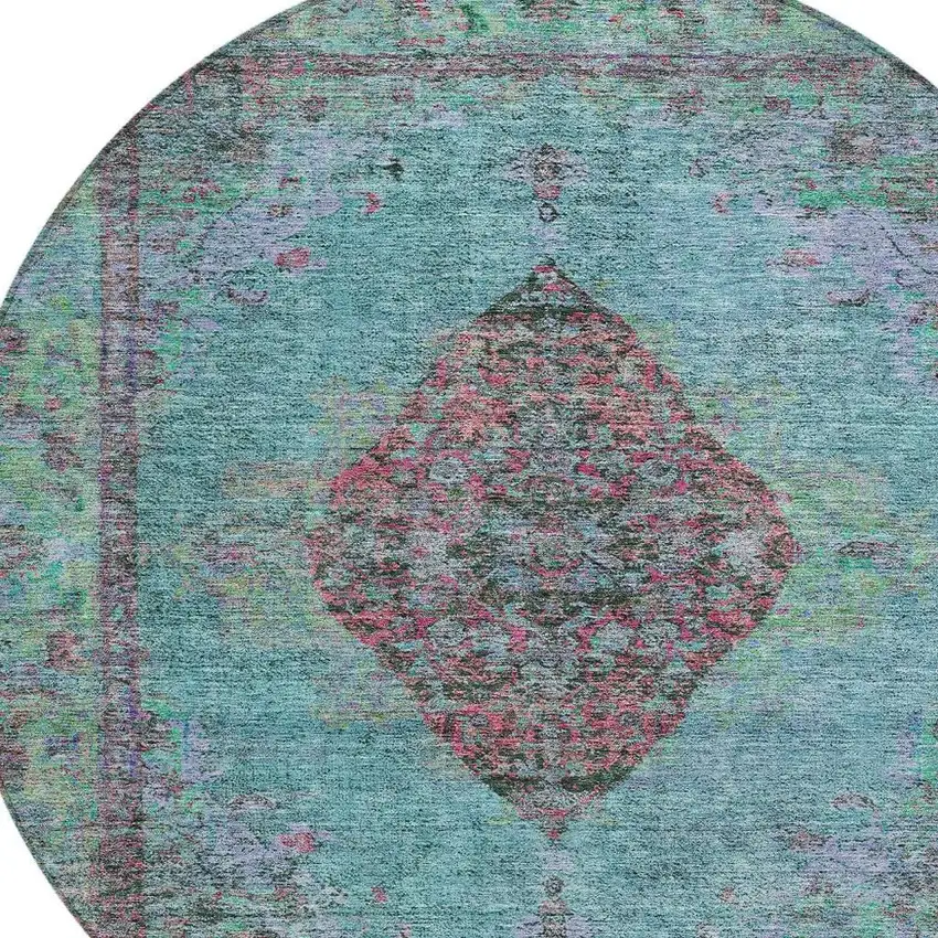 8' Aqua And Mauve Round Medallion Washable Indoor Outdoor Area Rug Photo 8