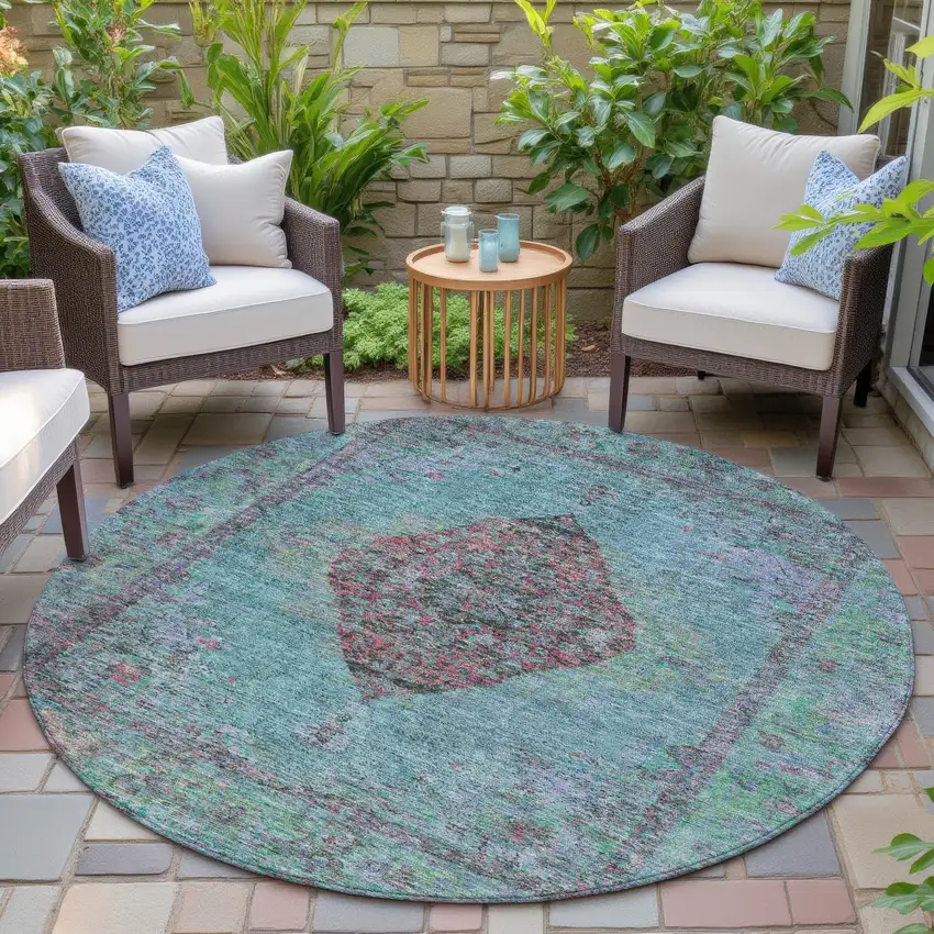 8' Aqua And Mauve Round Medallion Washable Indoor Outdoor Area Rug Photo 6