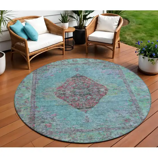 8' Aqua And Mauve Round Medallion Washable Indoor Outdoor Area Rug Photo 2