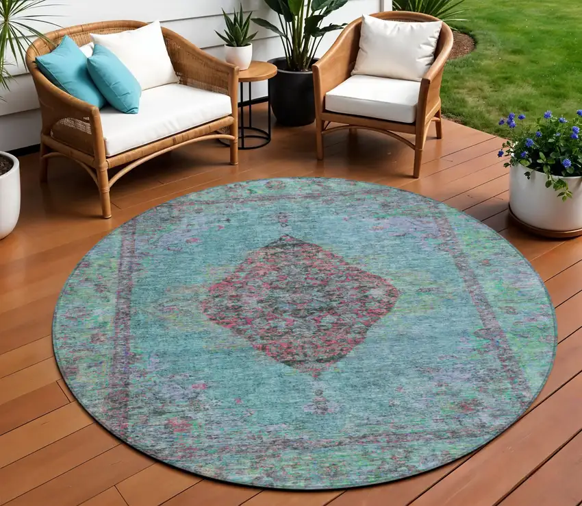 8' Aqua And Mauve Round Medallion Washable Indoor Outdoor Area Rug Photo 2
