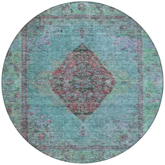 8' Aqua And Mauve Round Medallion Washable Indoor Outdoor Area Rug Photo 4