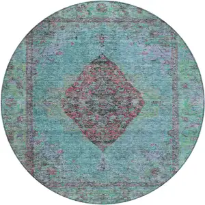Photo of 8' Aqua And Mauve Round Medallion Washable Indoor Outdoor Area Rug