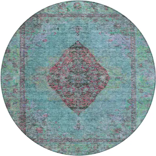 8' Aqua And Mauve Round Medallion Washable Indoor Outdoor Area Rug Photo 1