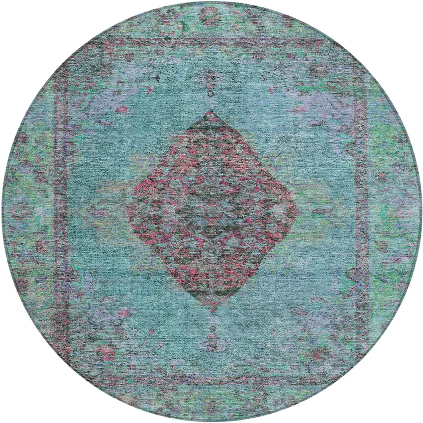 8' Aqua And Mauve Round Medallion Washable Indoor Outdoor Area Rug Photo 1