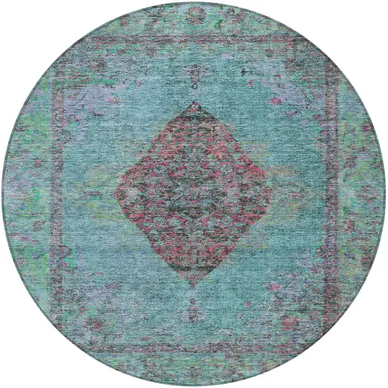 8' Aqua And Mauve Round Medallion Washable Indoor Outdoor Area Rug Photo 3