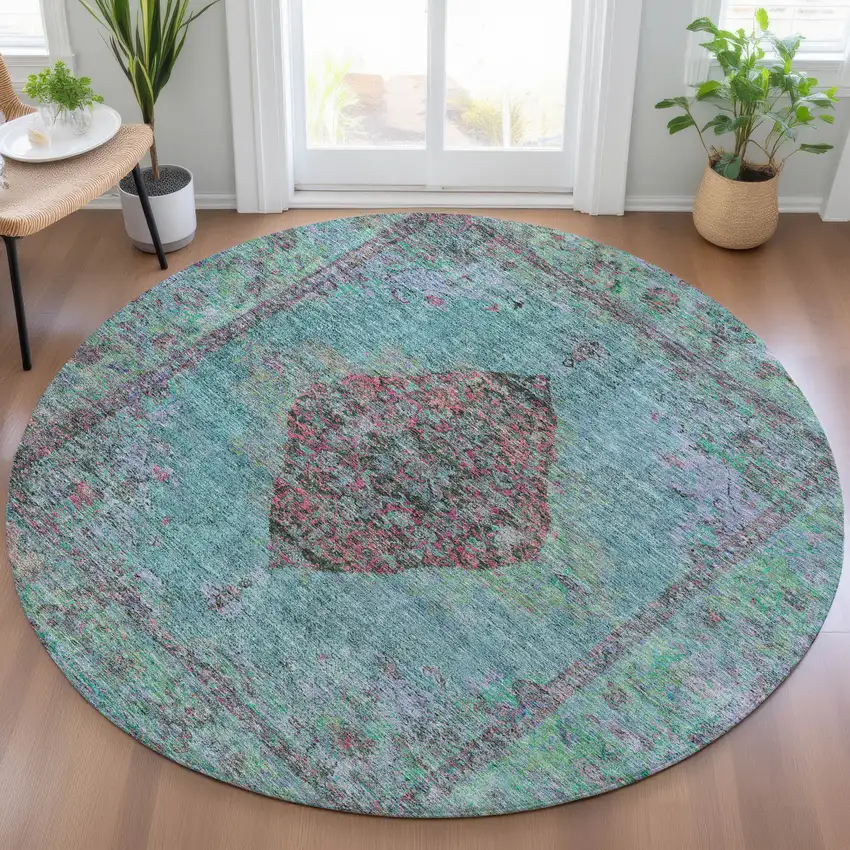 8' Aqua And Mauve Round Medallion Washable Indoor Outdoor Area Rug Photo 5