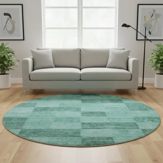 8' Aqua And Mint Green Geometric Washable Round Rug With UV Protection Photo 2