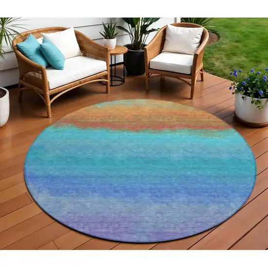 8' Aqua And Orange Round Ombre Washable Indoor Outdoor Area Rug Photo 2