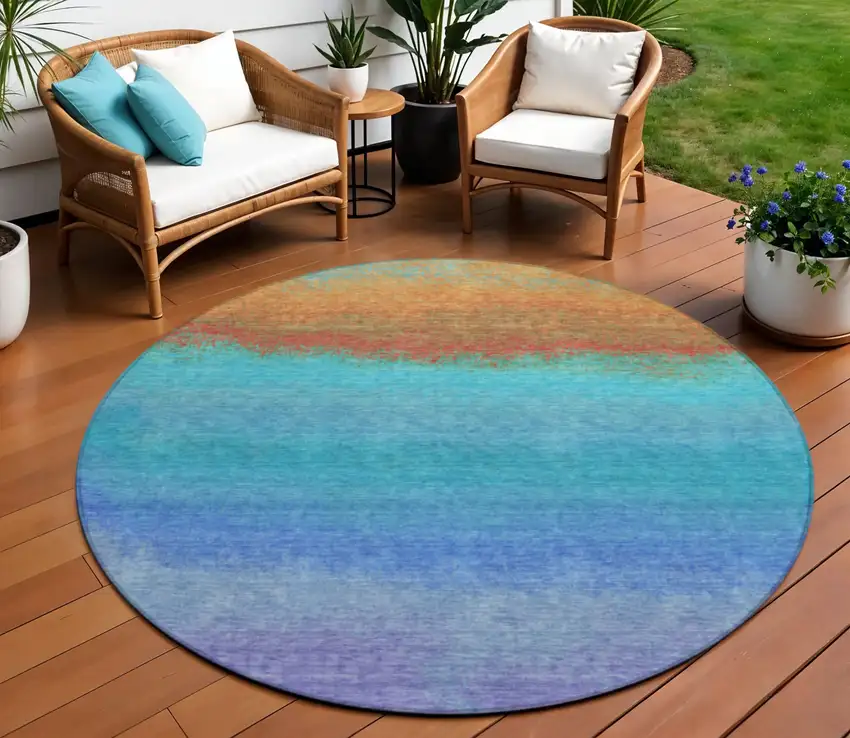 8' Aqua And Orange Round Ombre Washable Indoor Outdoor Area Rug Photo 2