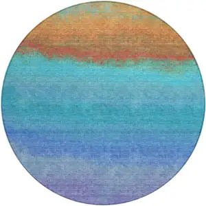Photo of 8' Aqua And Orange Round Ombre Washable Indoor Outdoor Area Rug