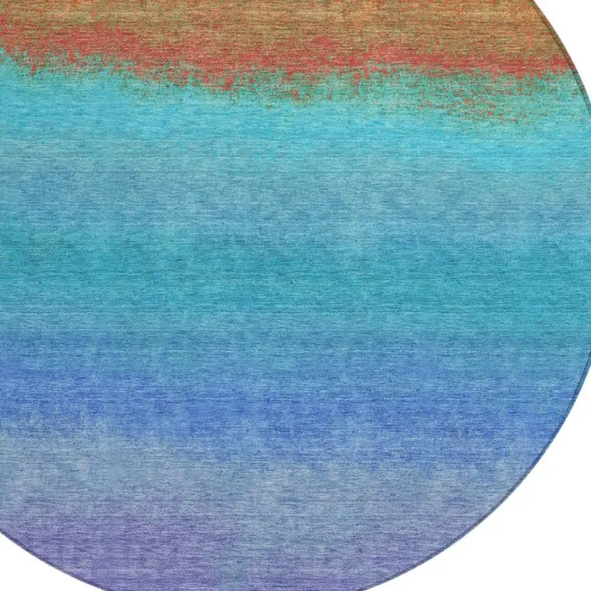 8' Aqua And Orange Round Ombre Washable Indoor Outdoor Area Rug Photo 4
