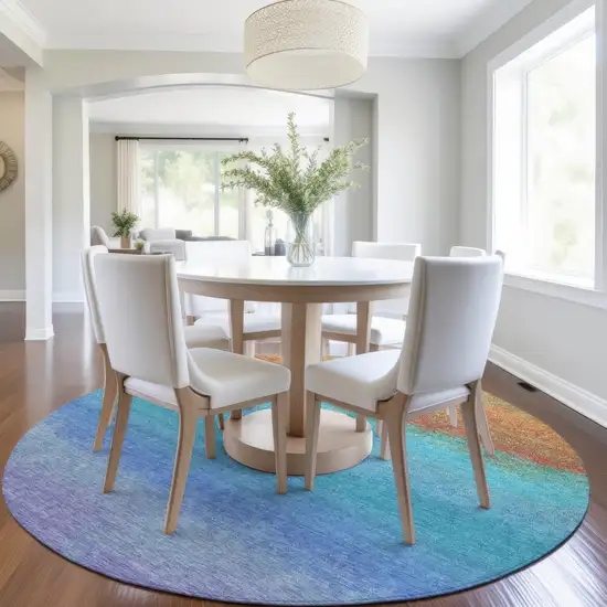 8' Aqua And Orange Round Ombre Washable Indoor Outdoor Area Rug Photo 6