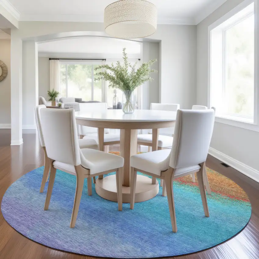 8' Aqua And Orange Round Ombre Washable Indoor Outdoor Area Rug Photo 6