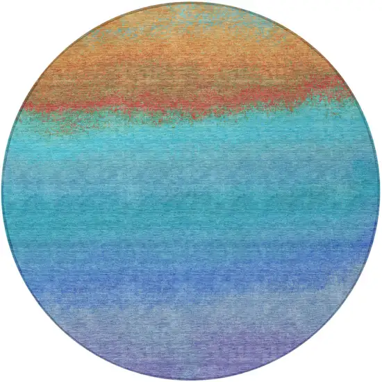 8' Aqua And Orange Round Ombre Washable Indoor Outdoor Area Rug Photo 3