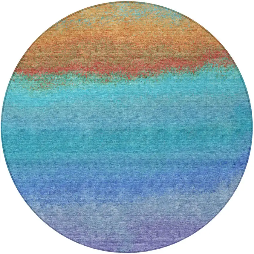 8' Aqua And Orange Round Ombre Washable Indoor Outdoor Area Rug Photo 3