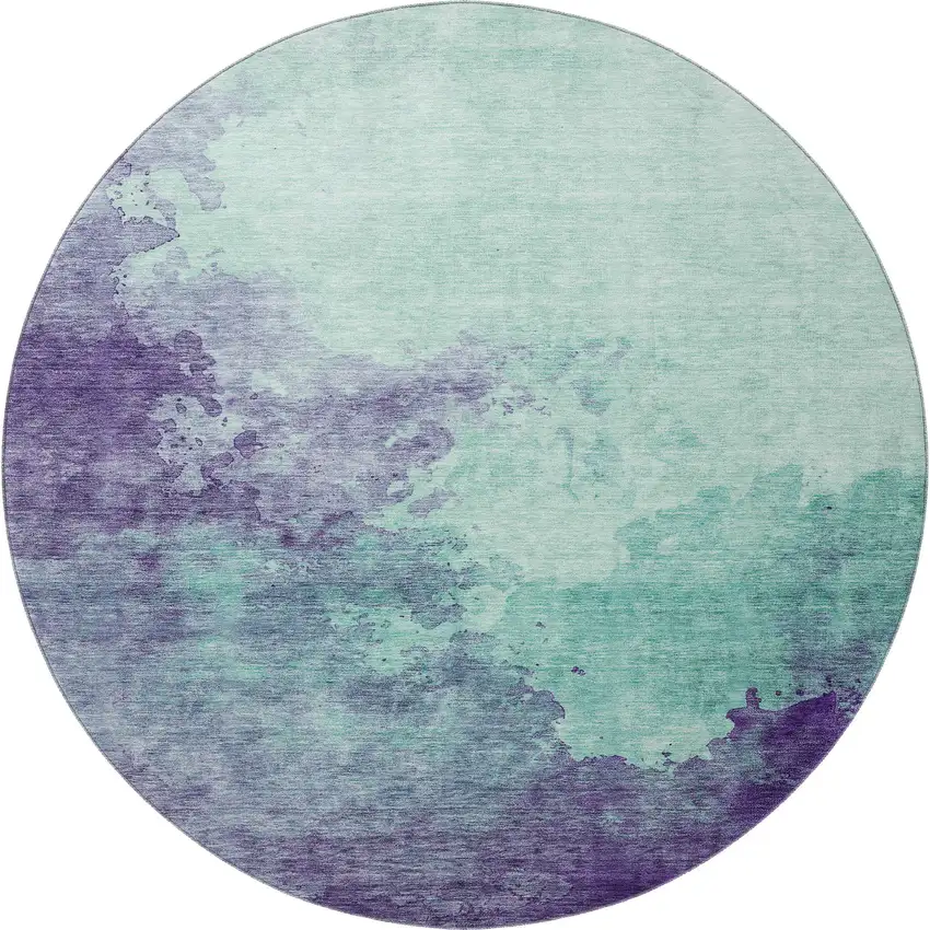 8' Aqua And Purple Abstract Washable Round Rug With UV Protection Photo 2