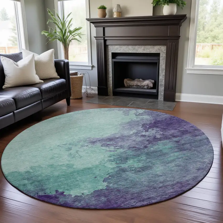 8' Aqua And Purple Abstract Washable Round Rug With UV Protection Photo 3