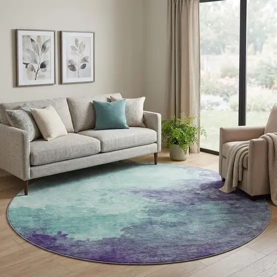 8' Aqua And Purple Abstract Washable Round Rug With UV Protection Photo 1