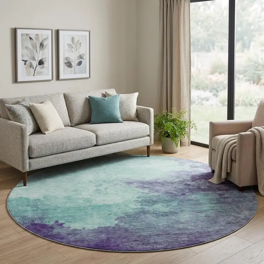 8' Aqua And Purple Abstract Washable Round Rug With UV Protection Photo 1