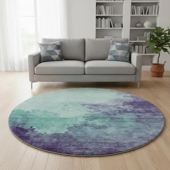 8' Aqua And Purple Abstract Washable Round Rug With UV Protection Photo 2