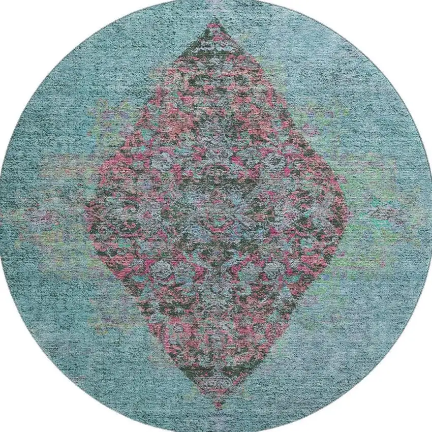 8' Aqua And Purple Medallion Washable Round Rug With UV Protection Photo 4