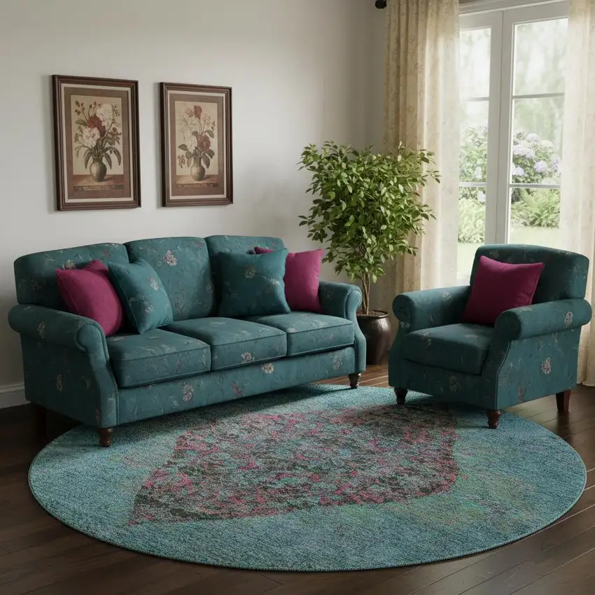 8' Aqua And Purple Medallion Washable Round Rug With UV Protection Photo 2