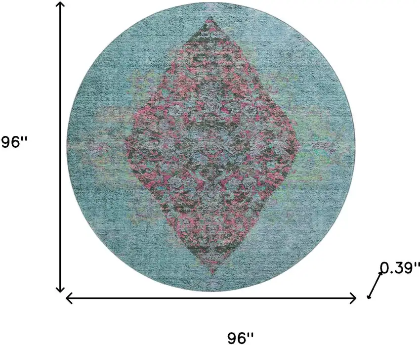 8' Aqua And Purple Medallion Washable Round Rug With UV Protection Photo 8