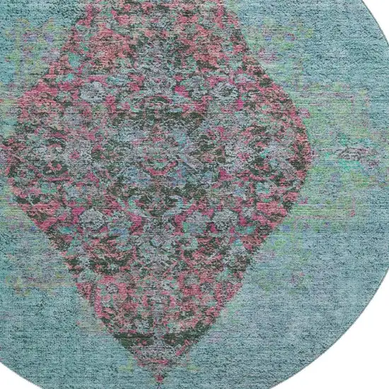 8' Aqua And Purple Medallion Washable Round Rug With UV Protection Photo 3