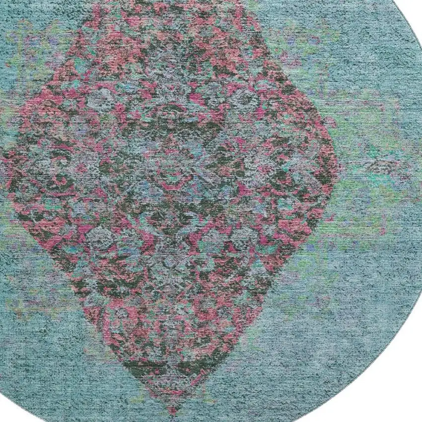 8' Aqua And Purple Medallion Washable Round Rug With UV Protection Photo 3
