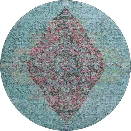 8' Aqua And Purple Medallion Washable Round Rug With UV Protection Photo 1