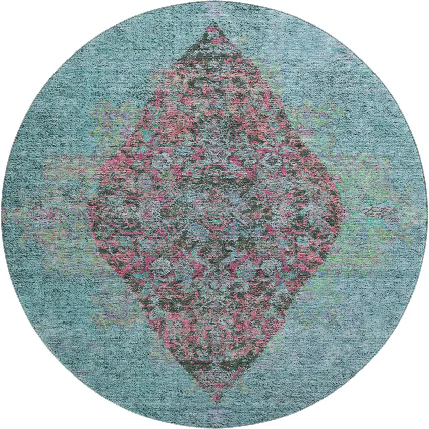 8' Aqua And Purple Medallion Washable Round Rug With UV Protection Photo 1