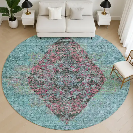 8' Aqua And Purple Medallion Washable Round Rug With UV Protection Photo 5