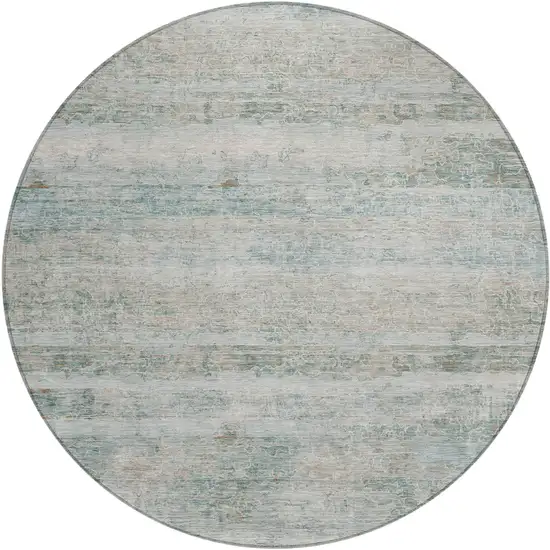 8' Aqua And Silver Round Striped Washable Indoor Outdoor Area Rug Photo 1