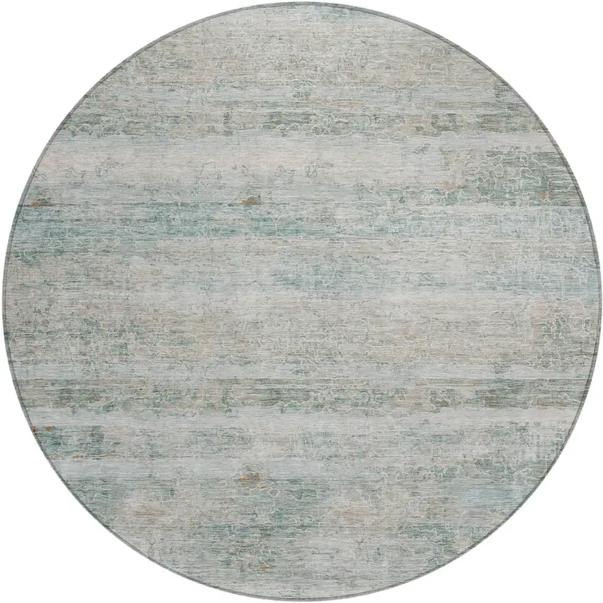 8' Aqua And Silver Round Striped Washable Indoor Outdoor Area Rug Photo 1