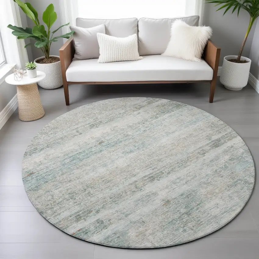 8' Aqua And Silver Round Striped Washable Indoor Outdoor Area Rug Photo 7