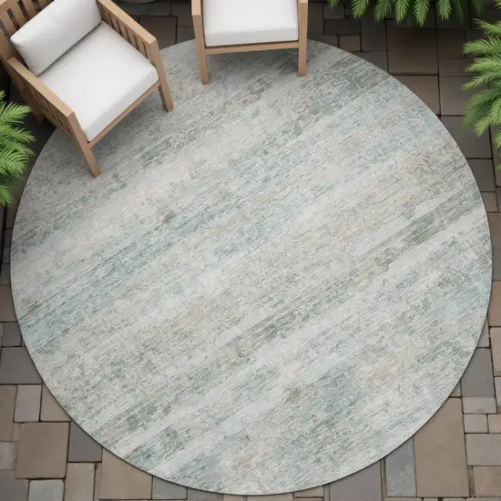 8' Aqua And Silver Round Striped Washable Indoor Outdoor Area Rug Photo 6