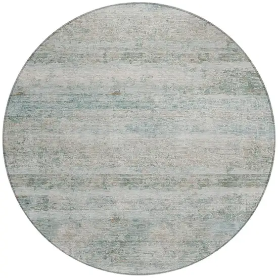 8' Aqua And Silver Round Striped Washable Indoor Outdoor Area Rug Photo 3